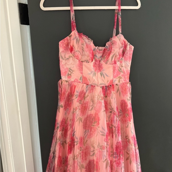 Lulus Alluring Invite Light Pink Floral Pleated Bustier Ankle Dress - Picture 4 of 5